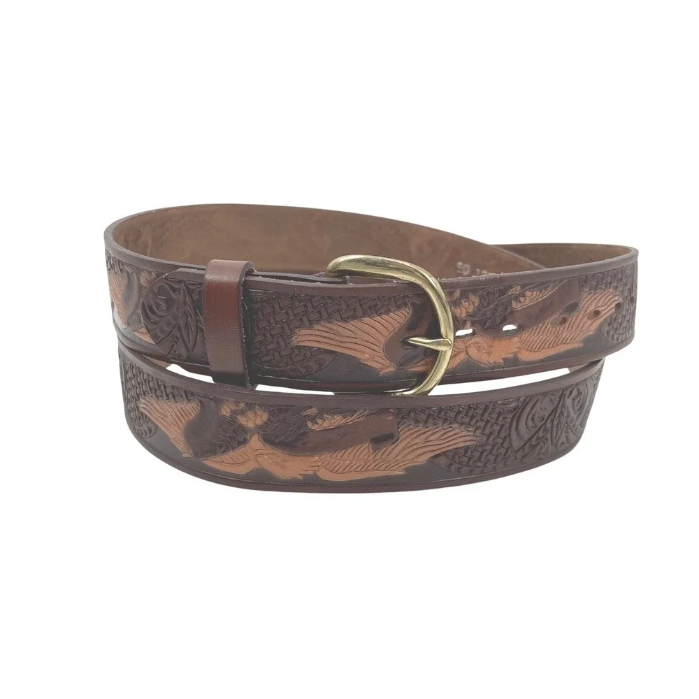 Vintage Western Belt Mens 50 Brown‎ Top Grain Leather Tooled Eagle Brass Buckle